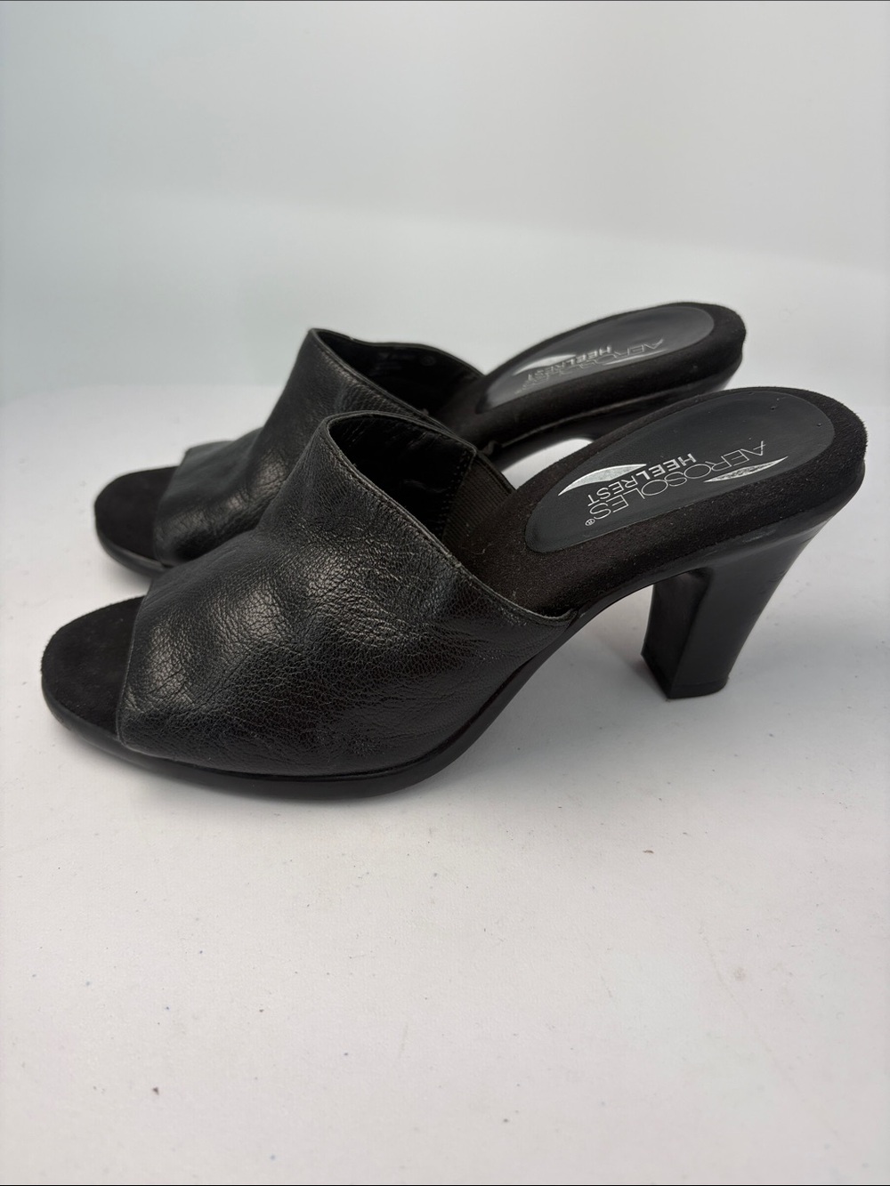 🐈‍⬛ AEROSOLES heelrest Black Leather Open-Toe Slip-On heeled Mules